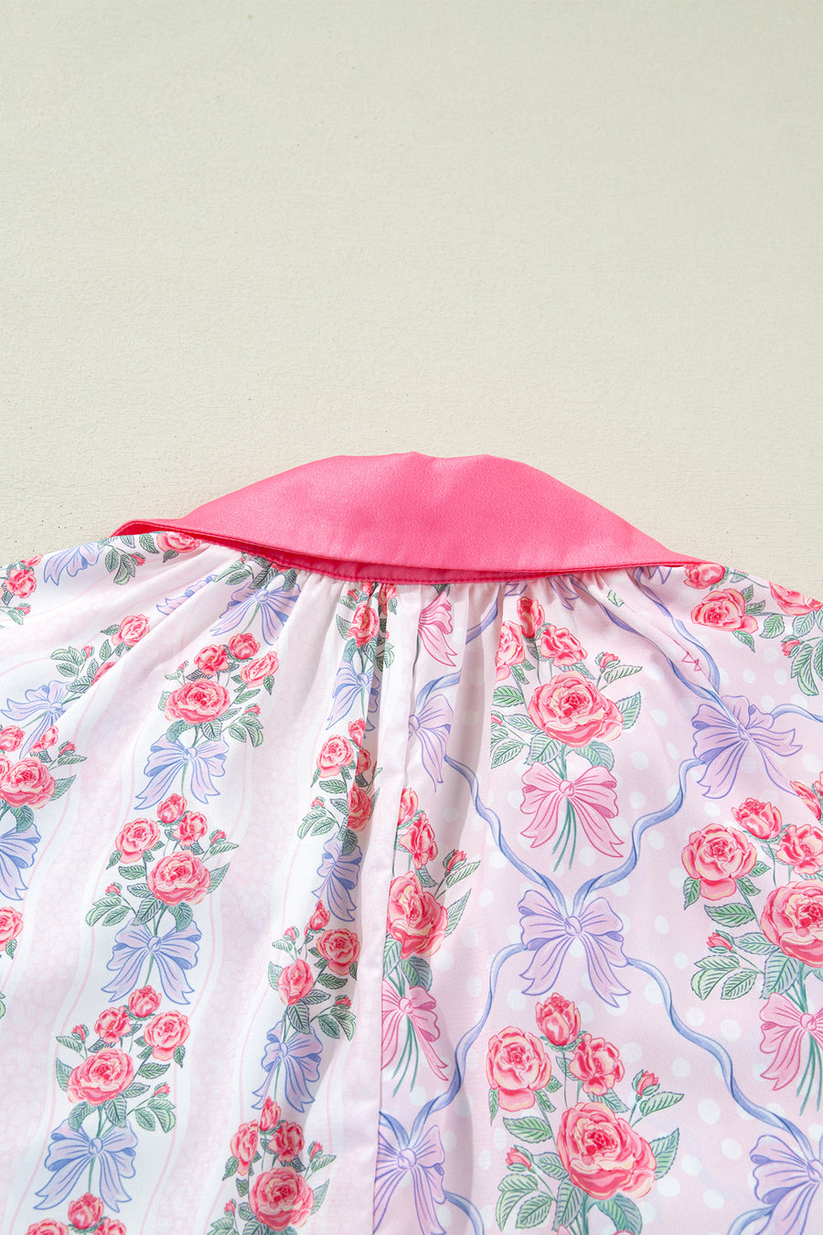 Bright Pink Bow Bouquets Collared Ruffled Short Sleeve Button-Up Blouse