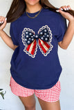 Navy Blue Faux Patchwork American Bow Graphic T-Shirt