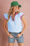 Baby Blue Collared V-Neck Ruffle Sleeve Blouse