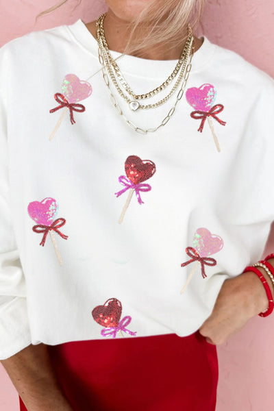 White Sequin Bow Heart Lollipop Drop Shoulder Crew Neck Sweatshirt