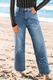 Stone Blue Star Patchwork Light Wash Wide Leg High-Waist Jeans