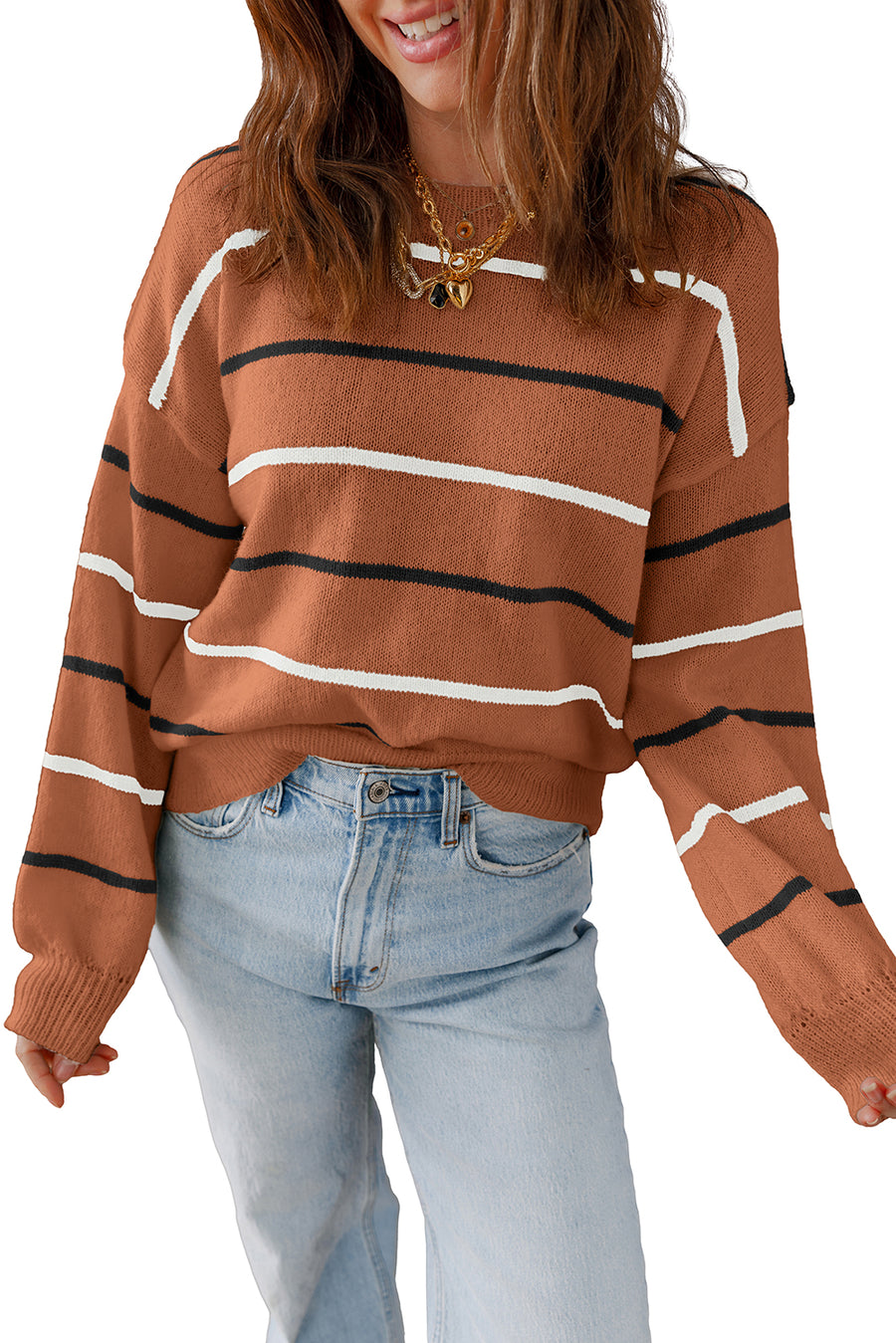 Striped Ribbed Edge Drop Shoulder Sweater- 2 Colors
