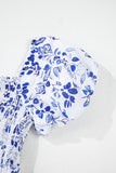 Blue Multi Floral Print Square Neck Bubble Sleeve High Waist Maxi Dress