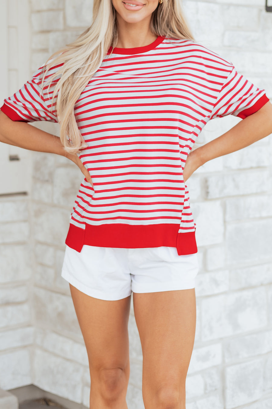 Red Striped Drop Shoulder Banded Short Sleeve T Shirt