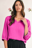Frill V-Neck Lantern Sleeve Crinkled Blouse- 3 Colors