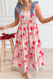 *Backorder* Floral Print Denim Straps High Waist Maxi Dress