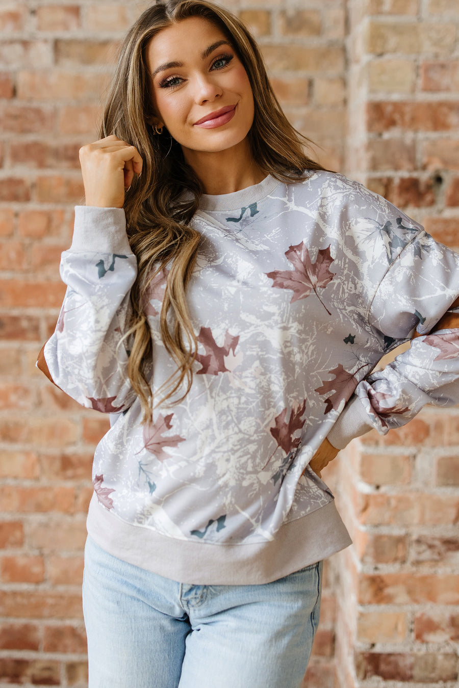 Gray Maple Leaf Camouflage Print Varsity Striped Sleeve Casual Sweatshirt