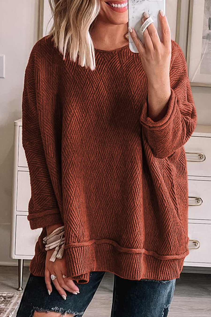 Brick Red Loose Crew Neck Textured Sweater