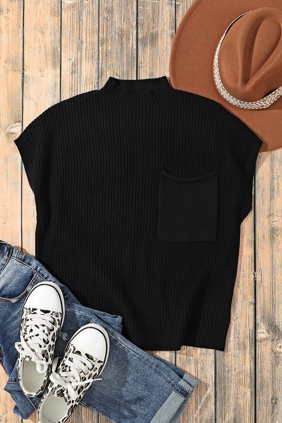 Green Pocket Ribbed Knit Short Sleeve Sweater- 9 Colors
