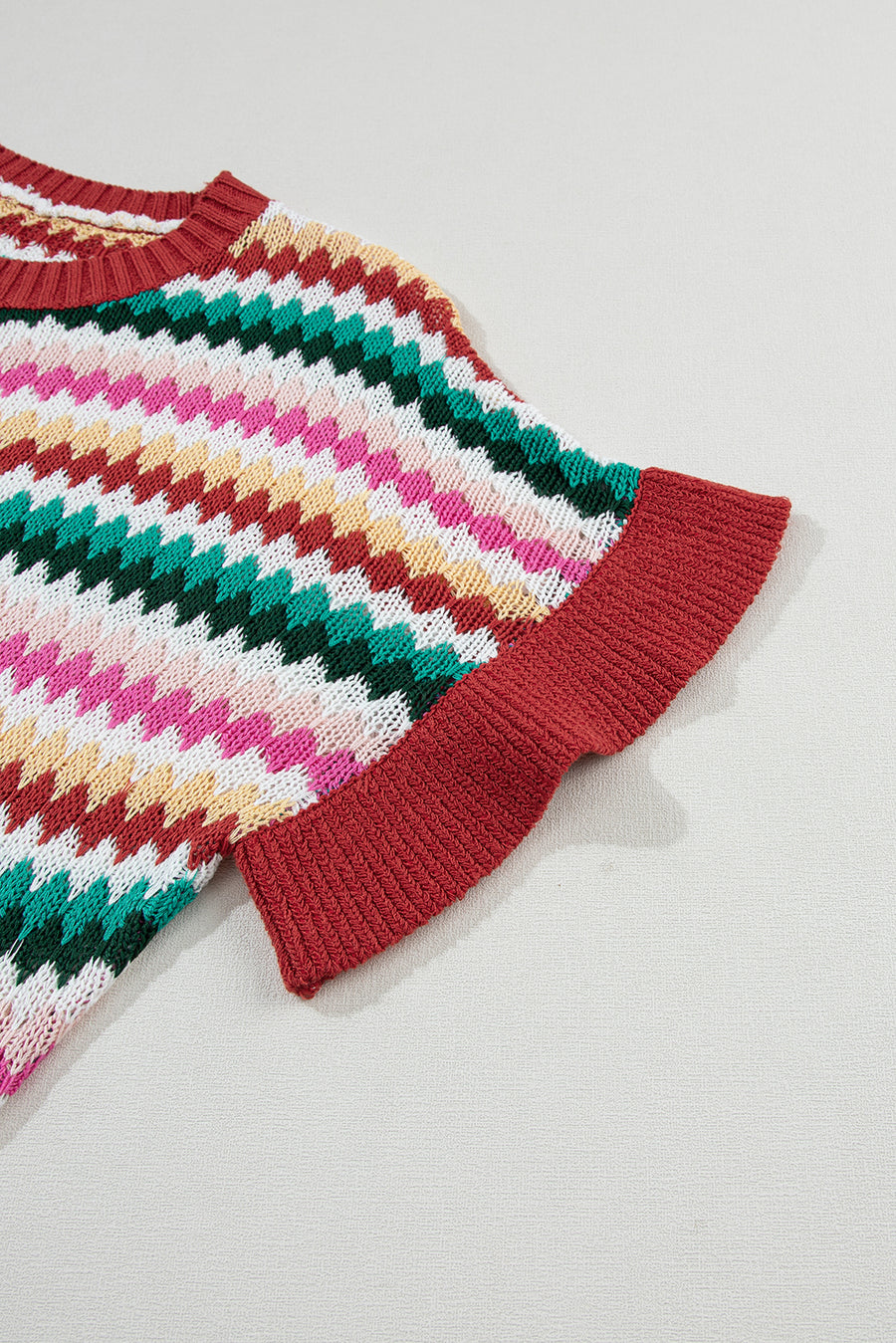 Red Multi Striped Diamond Pattern Short Sleeve Knit Sweater