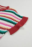 Red Multi Striped Diamond Pattern Short Sleeve Knit Sweater
