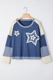 Blue & Cream Knit Color Block Patchwork Star Patch Sweatshirt