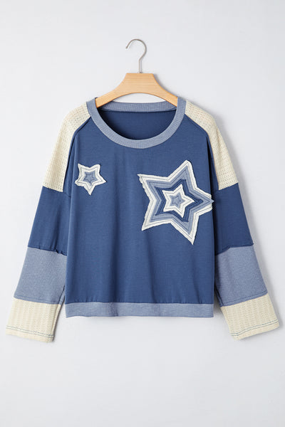 Dark Blue Knitted Colorblock Patchwork Star Patched Long Sleeve Top