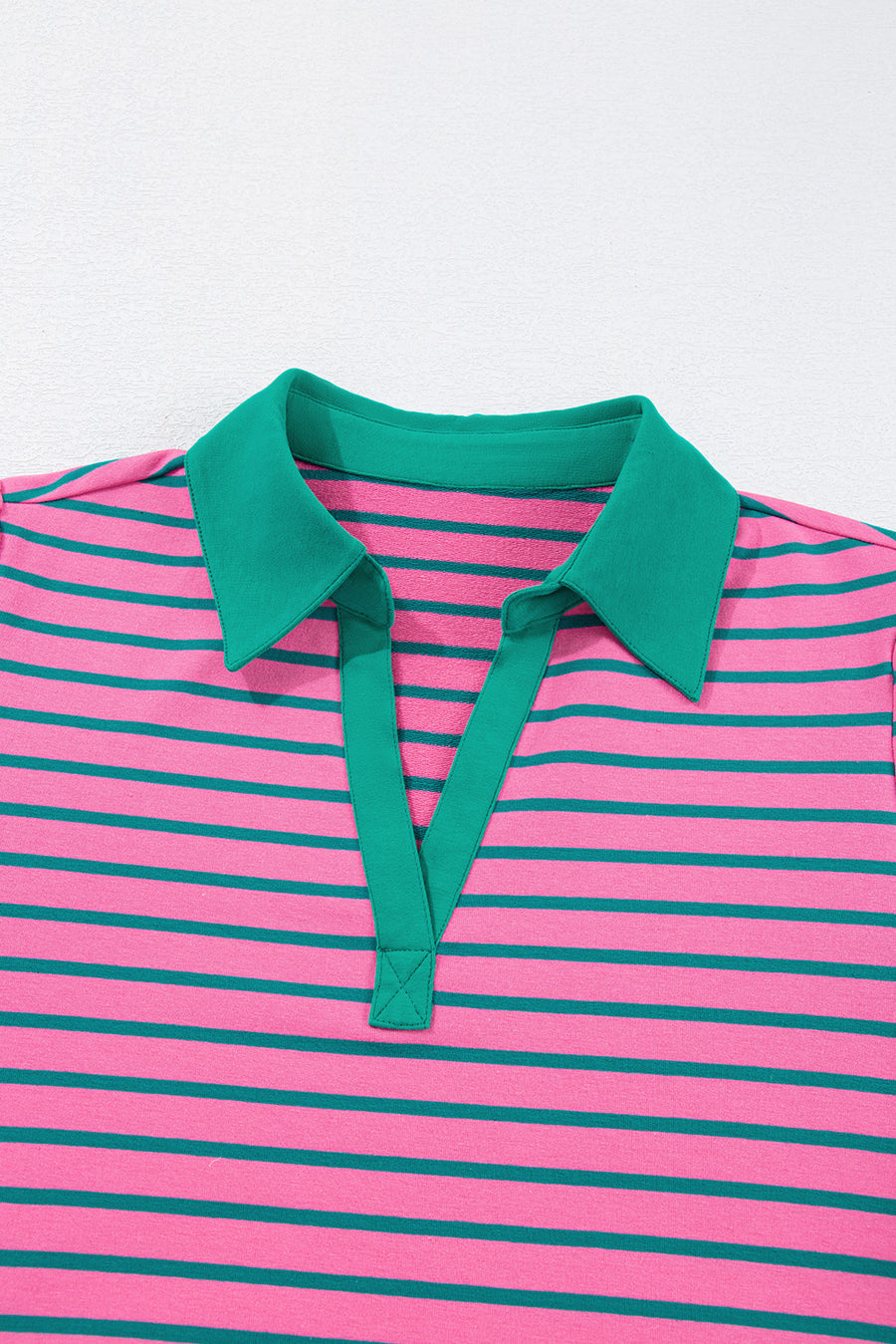 Plus Size Bright Pink and Green Stripe Collared Puff Sleeve Mini Dress with Pockets