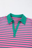 Plus Size Bright Pink and Green Stripe Collared Puff Sleeve Mini Dress with Pockets
