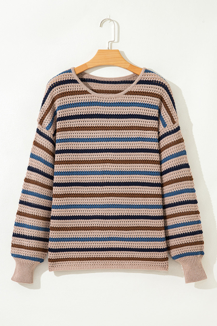 Tan Multi Openwork Striped Knit Drop Shoulder Crew Neck Sweater