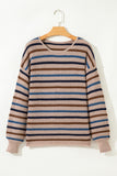 Tan Multi Openwork Striped Knit Drop Shoulder Crew Neck Sweater