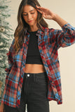 Red Plaid Print Drop Sleeve Loose Shirt Shacket