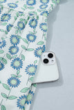 Red Cute Sunflower Printed Striped Patchwork Trim Flutter Sleeve Long Dress
