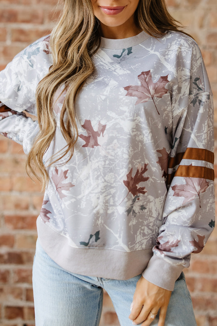 Gray Maple Leaf Camouflage Print Varsity Striped Sleeve Casual Sweatshirt