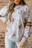 Gray Maple Leaf Camouflage Print Varsity Striped Sleeve Casual Sweatshirt
