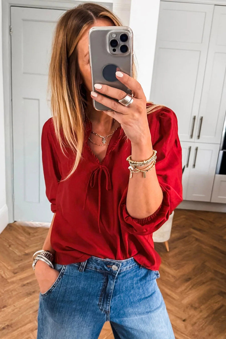 Frilled V-Neck Bow Detail 3/4 Sleeve Blouse- 2 Colors
