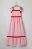 Red Striped Tie Straps Contrast Trim High Waist Ruffle Hem Maxi Dress