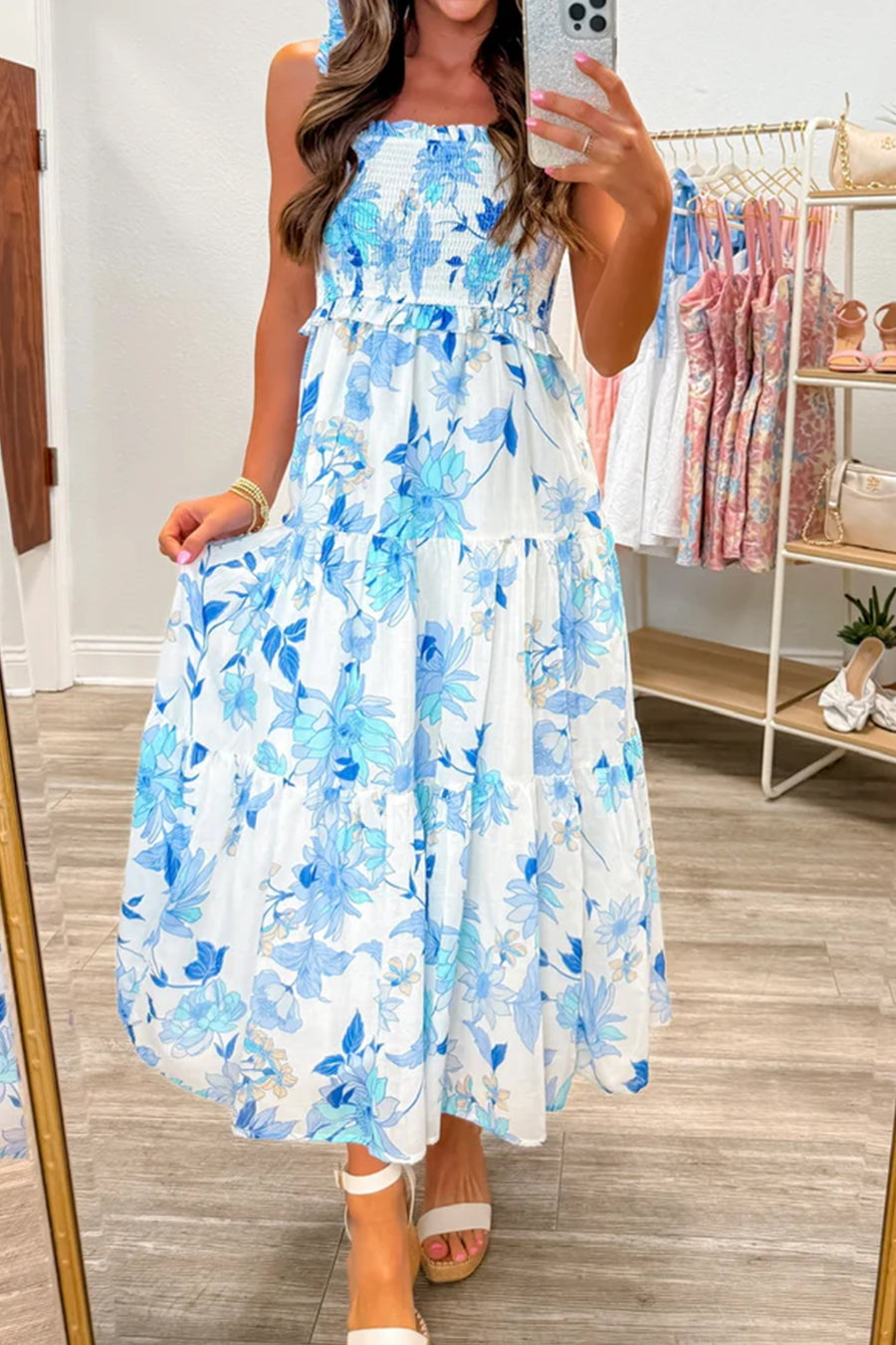*Pre-Order* Blue Floral Ruffled Straps Smocked Tiered Maxi Dress