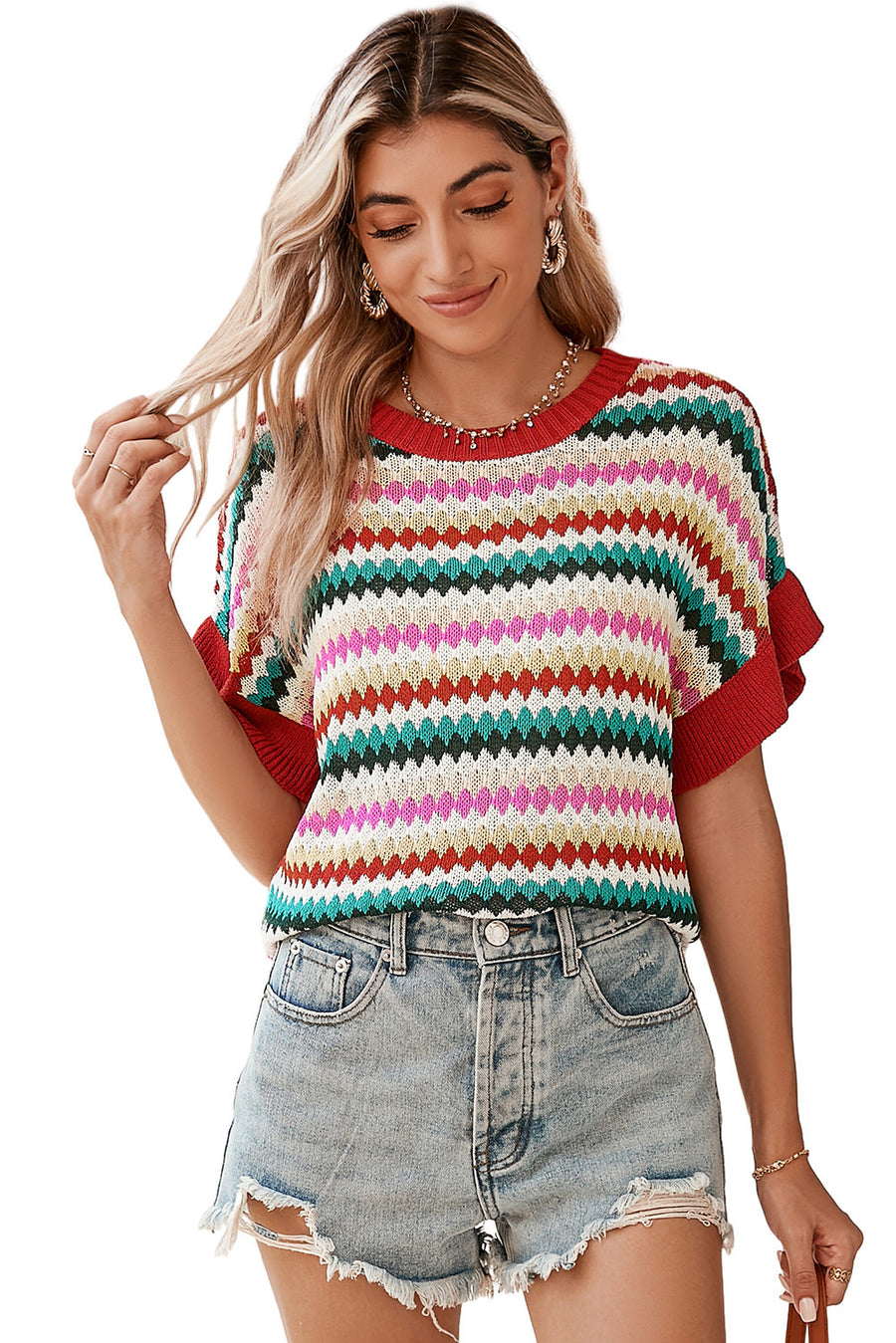 Red Multi Striped Diamond Pattern Short Sleeve Knit Sweater