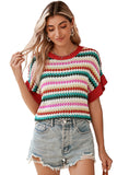 Red Multi Striped Diamond Pattern Short Sleeve Knit Sweater