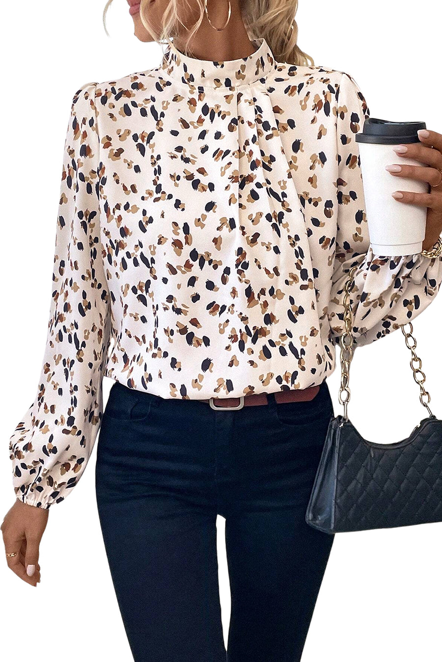 Leopard Print Mock Neck Long Sleeve Pleated Blouse- 2 Colors