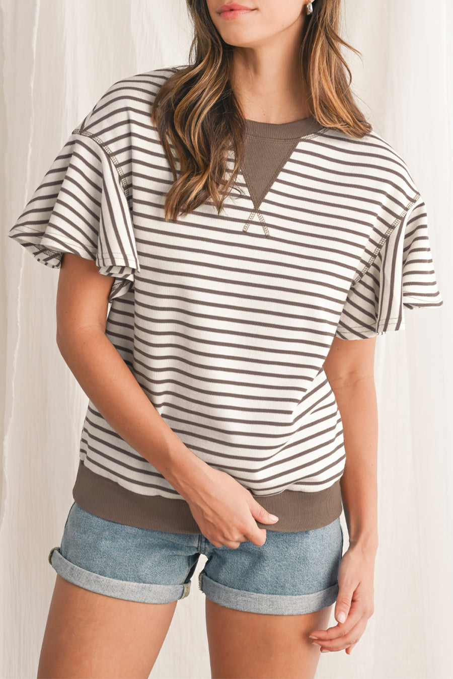 Striped Ruffle Sleeve Crew Neck T-Shirt- 3 Colors