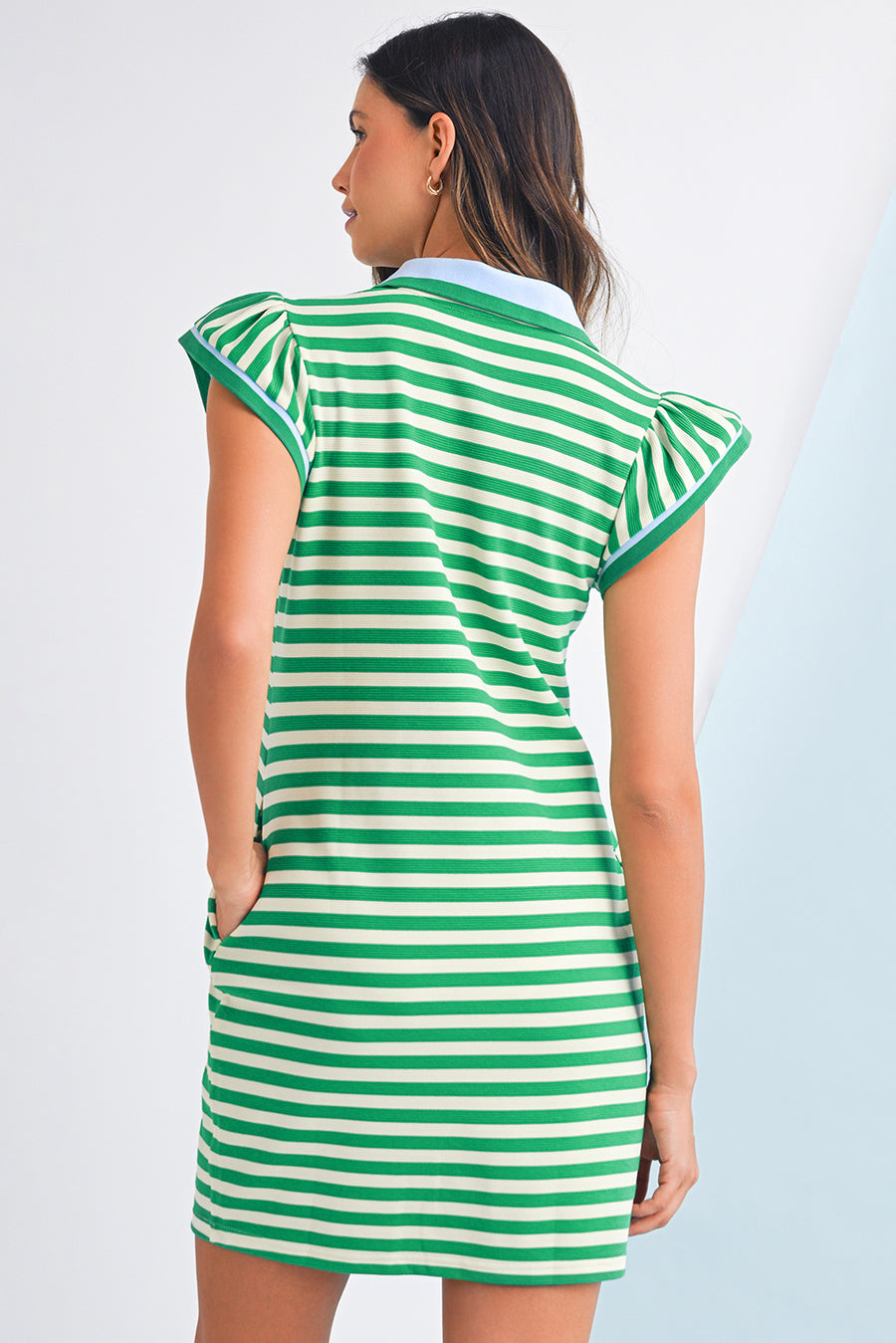 Striped Ruffle Short Sleeve Contrast Neckline Mini Dress- 3 Colors