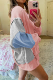 Apricot Pink Exposed Seam Colorblock Split Cuffs & Hem Oversized Sweatshirt