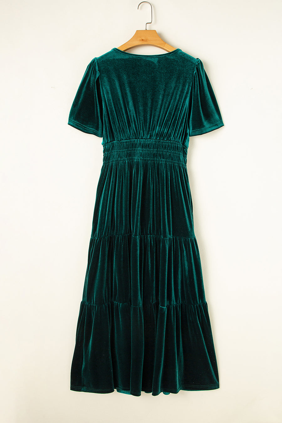 Velvet Puff Short Sleeve Smocked Waist Tiered Maxi Dress with Pockets- 3 Colors
