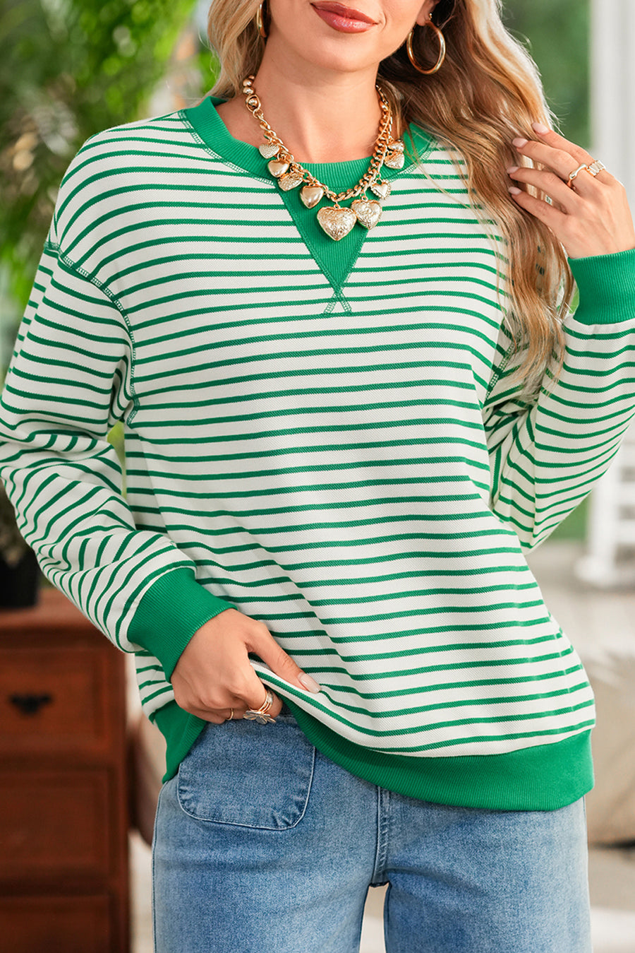 Green Striped Contrast Trim Long Sleeve Shirt