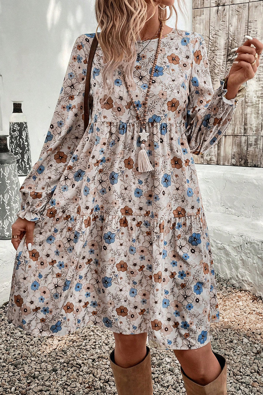Khaki Floral Print Long Sleeve Tiered Mini Dress
