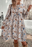 Khaki Floral Print Long Sleeve Tiered Mini Dress