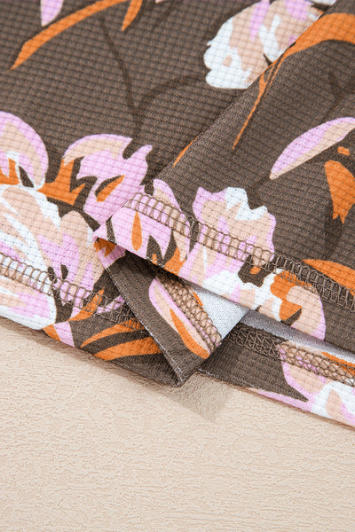 Brown Floral Print Waffle Textured Long Sleeve Top