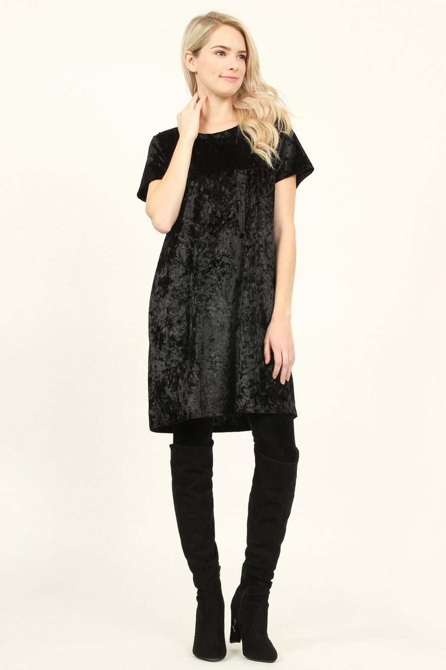 Black Short Sleeve Crushed Velvet Tunic Dress