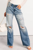Medium Blue Mid-Rise Distressed Straight Leg Jeans