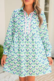 Mint Floral Print Scallop Trim Long Sleeve Mini Dress with Pockets