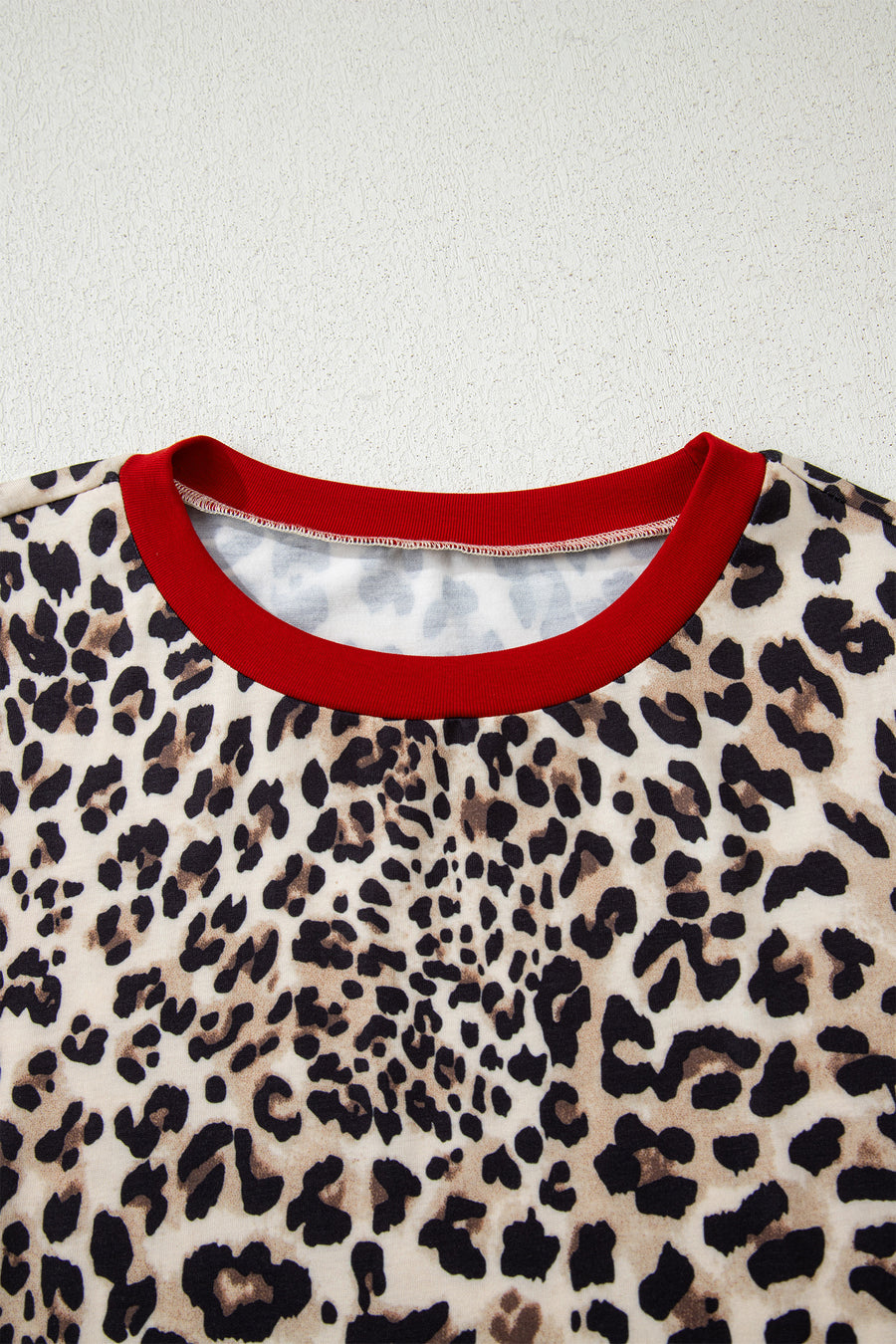 Leopard Print Contrast Trim Crew Neck Long Sleeve Top