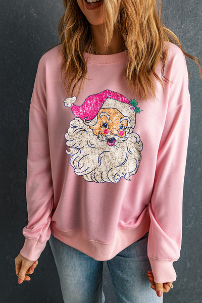 Pink Christmas Santa Claus Graphic Print Heat Transfer Drop Shoulder Sweatshirt