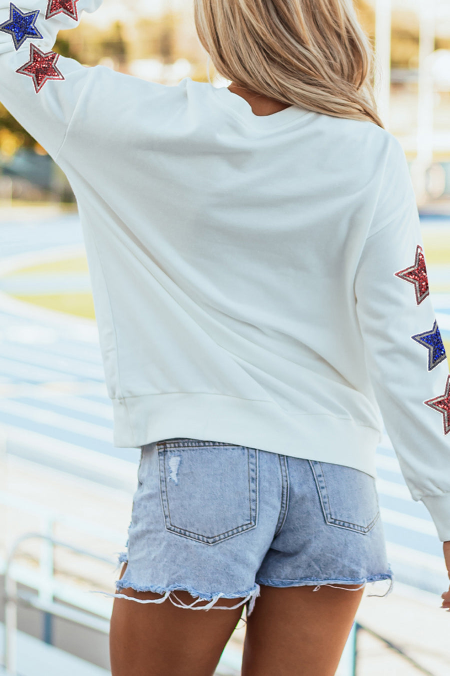 White Sequin USA Star Patch Sleeves Relaxed Fit Sweatshirt