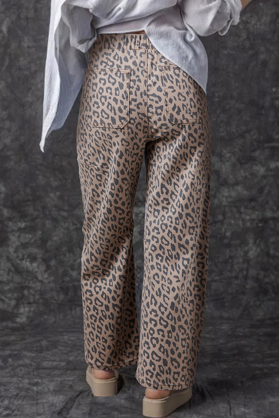 Leopard Print Drawstring Barrel Leg Jeans with Pockets- 2 Colors