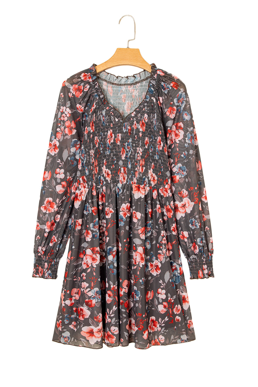 Brown Frilly Smocked Bodice Floral Mesh Long Sleeve Mini Dress