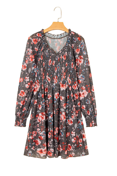 Brown Frilly Smocked Bodice Floral Mesh Long Sleeve Mini Dress