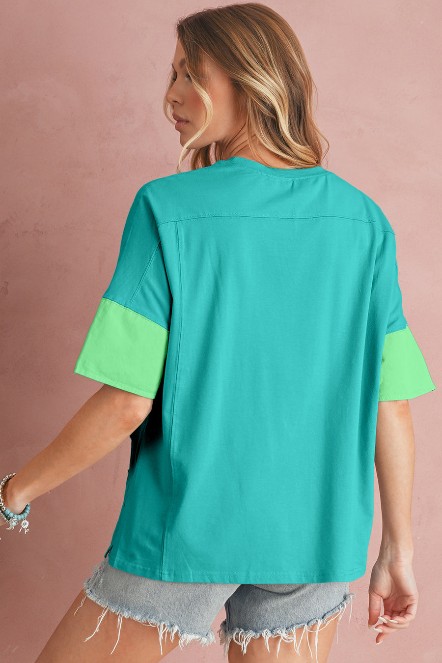 Aruba Blue & Lime Green Frayed Star Patch Oversized T-Shirt
