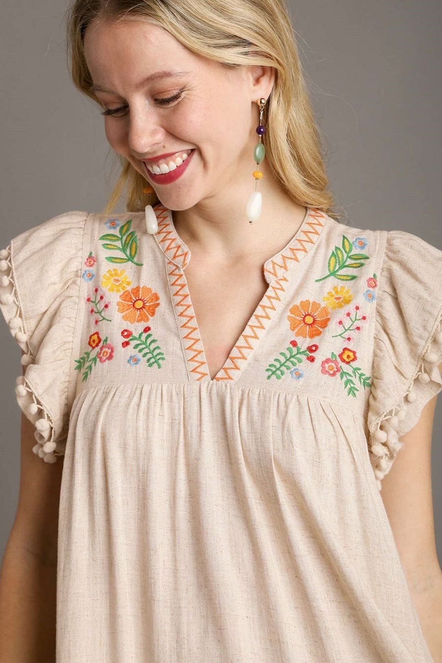 Jet Stream Linen Embroidered Notch Neck Pom Pom Ruffle Sleeve Mini Dress